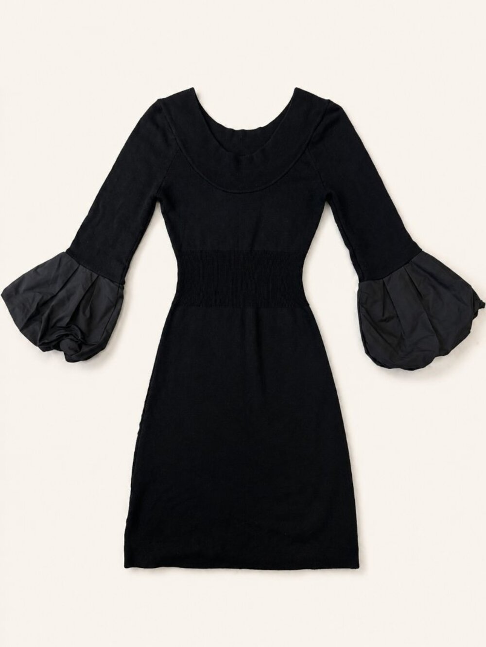 BCBGMAXAZRIA Black Silk Blend Puff Sleeve Sweater Dress M